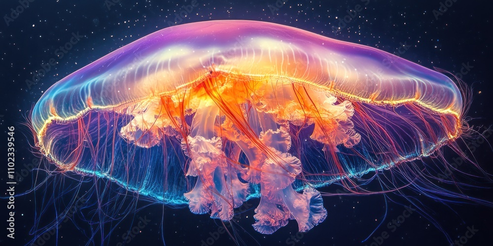 A luminous jellyfish floats in a dark ocean A luminous jellyfish floats in a dark ocean