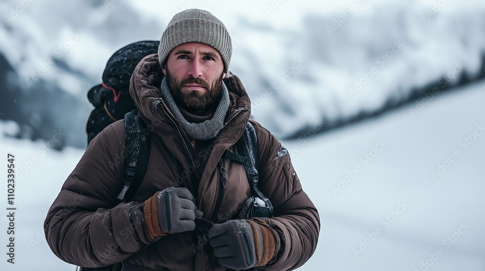 A rugged man in a thick brown winter jacket and knit hat, standing in a snowy wilderness, with a determined expression and a snow-covered backpack, evoking resilience and solitude A rugged man in a thick brown winter jacket and knit hat, standing in a snowy wilderness, with a determined expression and a snow-covered backpack, evoking resilience and solitude