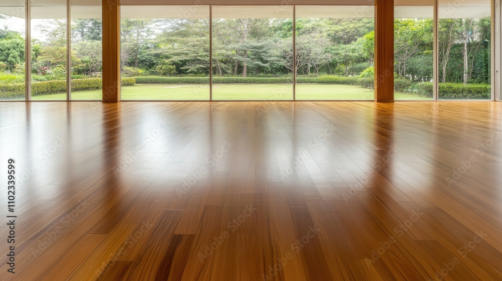 Fototapeta premium Spacious and Serene Wooden Floor Interior with Panoramic Windows Overlooking Lush Green Landscape and Natural Light Flooding the Room