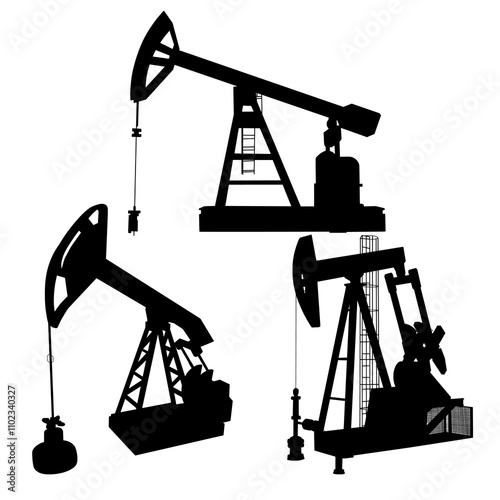 Vector Silhouette Set of Oil Pump Jack Machines
