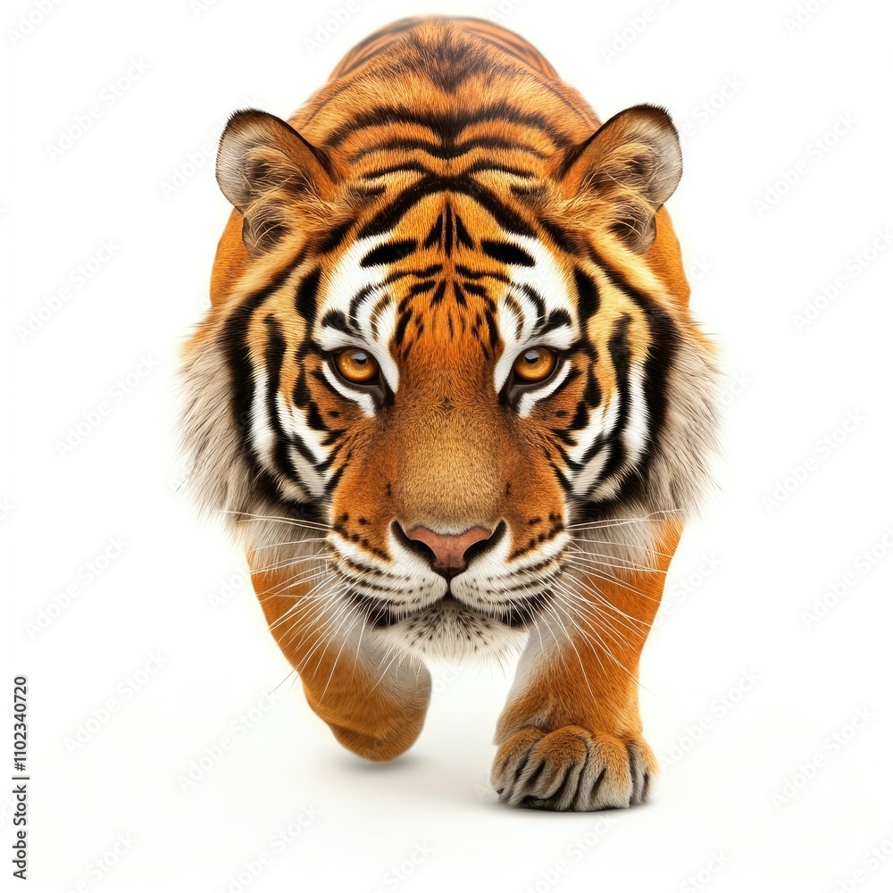 Striking and Powerful Portrait of a Majestic Tiger Stalking Forward with Intense Gaze, Showcasing Beautiful Fur and Distinctive Stripes Against a Clean White Background Striking and Powerful Portrait of a Majestic Tiger Stalking Forward with Intense Gaze, Showcasing Beautiful Fur and Distinctive Stripes Against a Clean White Background