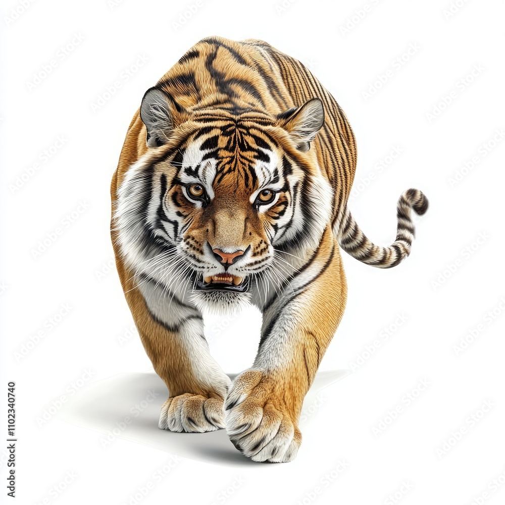 Majestic Bengal Tiger in Stride on a White Background, Capturing the Raw Power and Grace of One of Nature's Most Iconic Big Cats in Stunning Detail Majestic Bengal Tiger in Stride on a White Background, Capturing the Raw Power and Grace of One of Nature's Most Iconic Big Cats in Stunning Detail