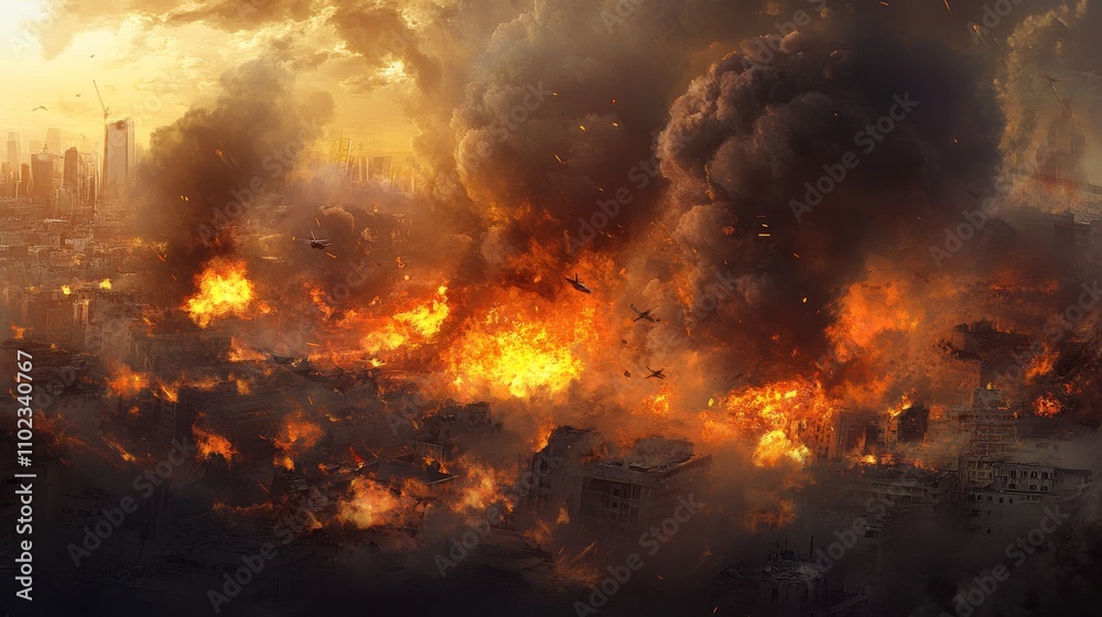 Destruction from an airstrike, with smoke and fire engulfing buildings Destruction from an airstrike, with smoke and fire engulfing buildings
