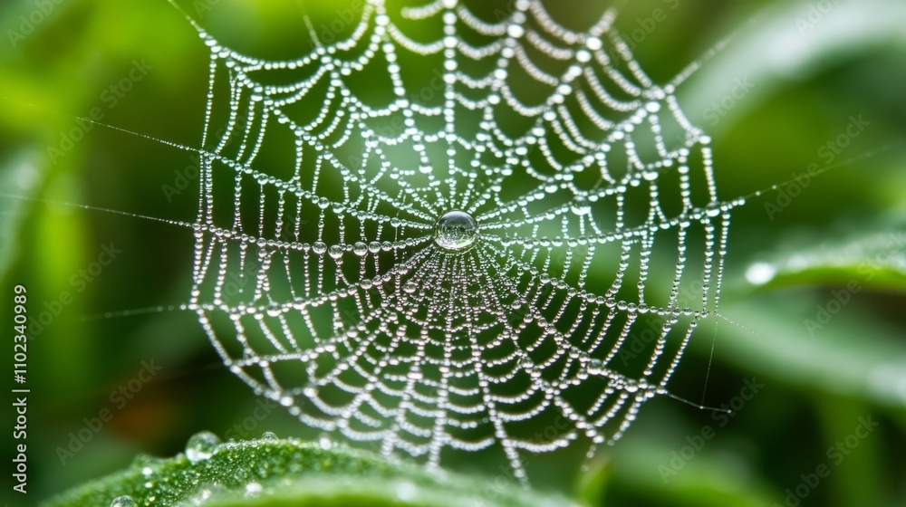 Naklejka premium Macro shot of a spiderweb glistening with dew, high resolution, intricate pattern, natural texture.