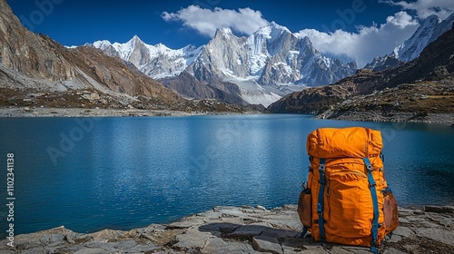 a bag pack set on a mountain ridge and lake Saif ul Maloo is visibal in the background some of the traveling equipment is set with the bagpack photo