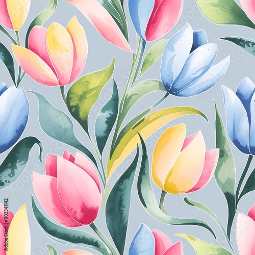 Floral Seamless pattern on a blue background. Abstract tulips in red, pink and yellow hues create a bright and spring-inspired atmosphere. Perfect for packaging design, wallpaper, fabric