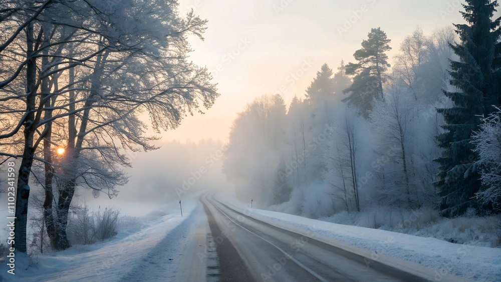 Serene winter road scene at sunrise with snow-covered trees Serene winter road scene at sunrise with snow-covered trees