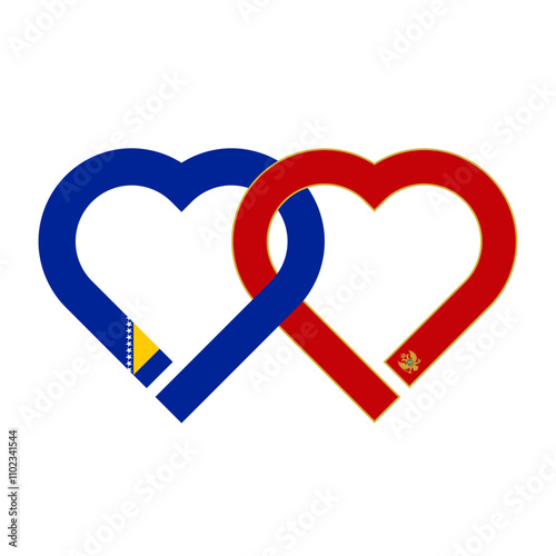 heart shaped ribbon of bosnia and montenegro flags intertwined. vector illustration isolated on white background