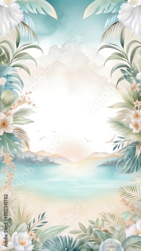 Tropical paradise landscape with flowers and ocean view