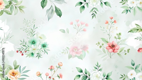 Delicate floral pattern with greenery on soft pastel background