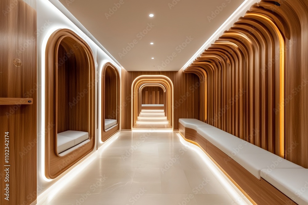 Modern Minimalist Design of Upscale Spa Locker Room Featuring Warm Wood Accents and Ambient Lighting, Creating a Serene Atmosphere for Relaxation and Wellness Modern Minimalist Design of Upscale Spa Locker Room Featuring Warm Wood Accents and Ambient Lighting, Creating a Serene Atmosphere for Relaxation and Wellness