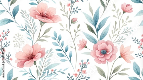 Wallpaper Mural Elegant floral pattern with pink blossoms and green leaves on white background Torontodigital.ca