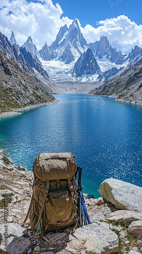 a bag pack set on a mountain ridge and lake Saif ul Maloo is visibal in the background some of the traveling equipment is set with the bagpack photo