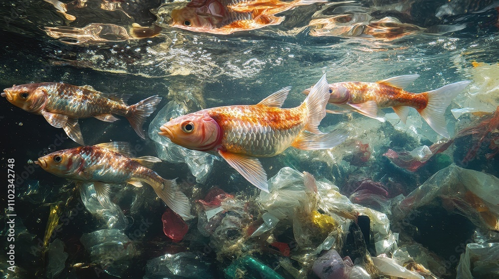 Vibrant Koi Fish Swimming in a Tranquil Pond Vibrant Koi Fish Swimming in a Tranquil Pond