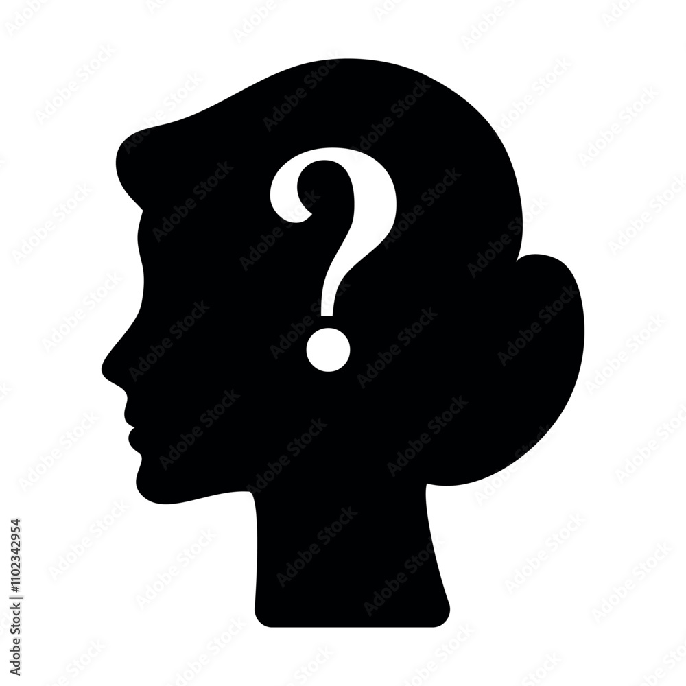 Icon of a woman's head with a question mark. Finding solutions to problems. Psychology. Business. Brainstorming. Icon of a woman's head with a question mark. Finding solutions to problems. Psychology. Business. Brainstorming.