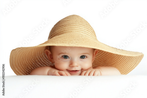 A baby wearing a comically oversized sunhat, peeking out with a cheeky smile photo