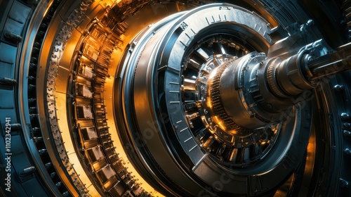 Dramatic Close-Up of a Hydro Electric Generator Interior: Illuminated Mechanical Intricacies in an Underground Power Station, Showcasing Industrial Engineering Precision.