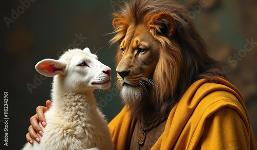 jesus christ depicted biblical art lion lamb symbolizing divine nature humanity photo