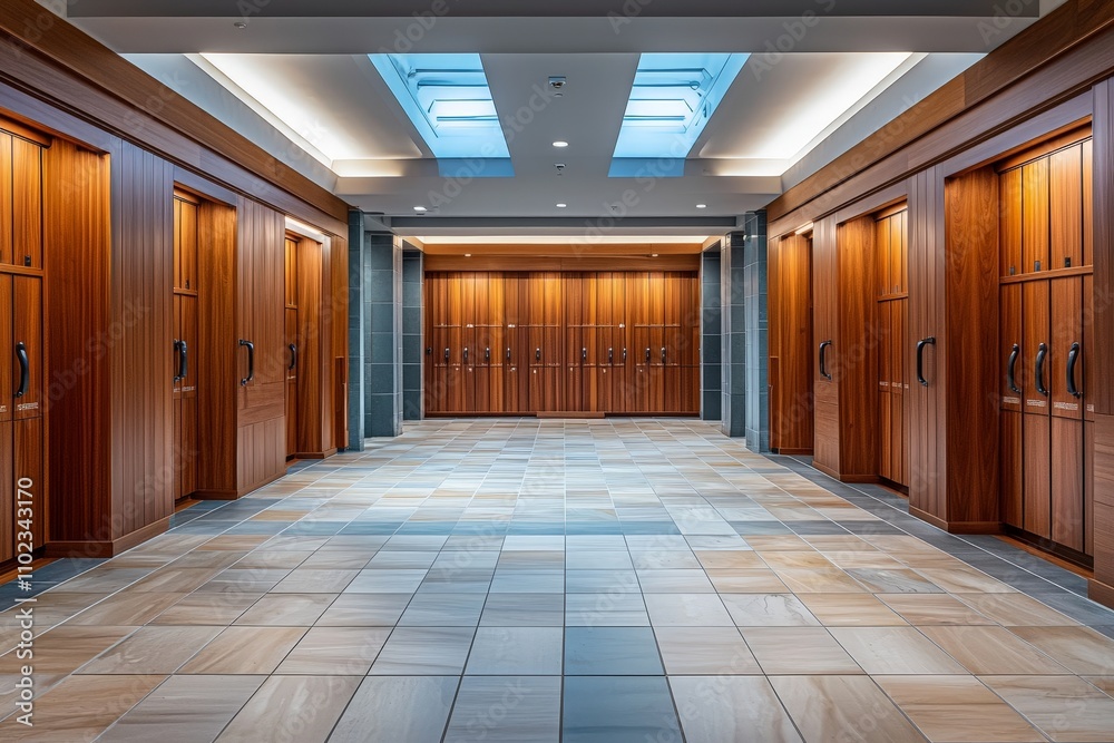 Spacious locker room featuring elegant wooden lockers and a modern tiled floor, illuminated by natural light from skylights above, ideal for changing or storage needs.