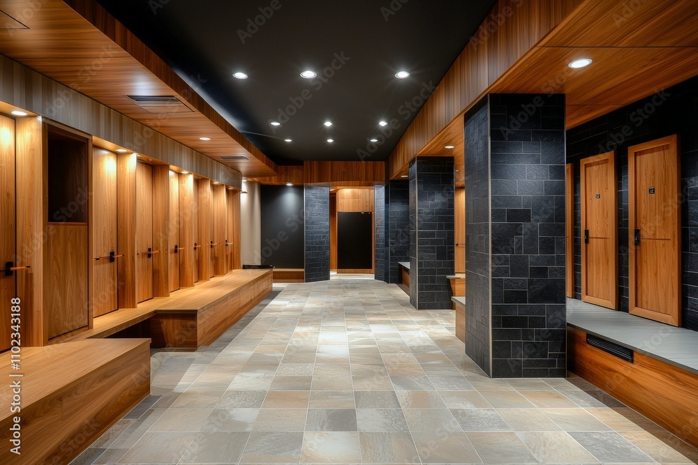 Spacious Locker Room Featuring Wooden Lockers and Tiled Flooring in a Contemporary Design, Ideal for Athletic Facilities and Wellness Centers Spacious Locker Room Featuring Wooden Lockers and Tiled Flooring in a Contemporary Design, Ideal for Athletic Facilities and Wellness Centers