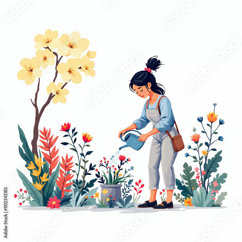 Illustration of a woman with a watering can