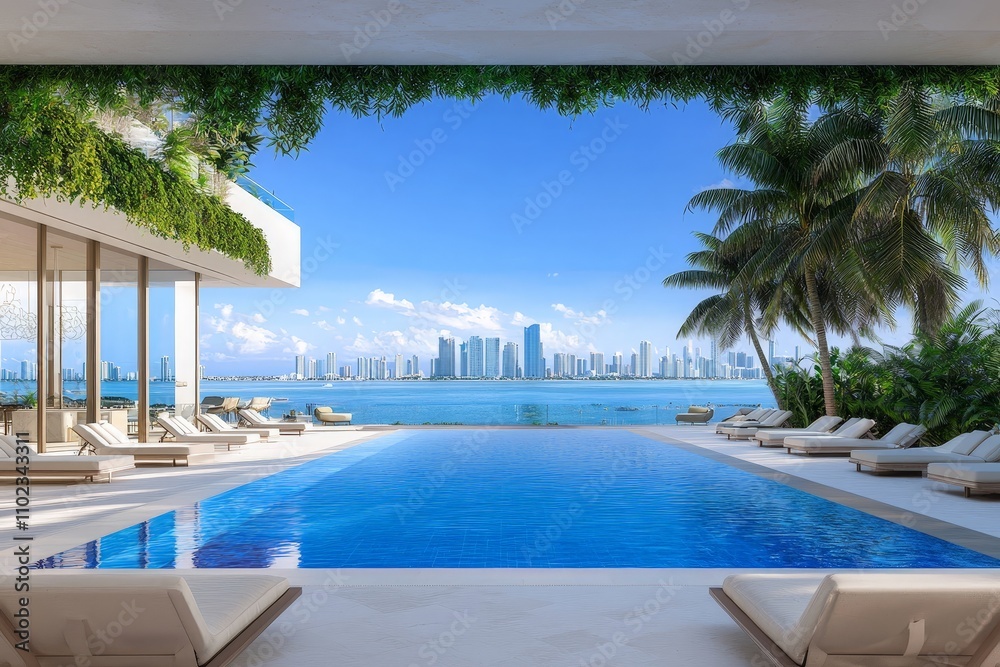 Fototapeta premium Modern Tranquil Poolside Retreat Overlooking City Skyline with Clean Lines and Lush Greenery Illuminated by Bright Blue Sky and Scenic Waterfront View