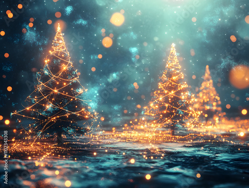 Festive Christmas New Year background with fir tree, decorations and gifts. Neural network AI generated art