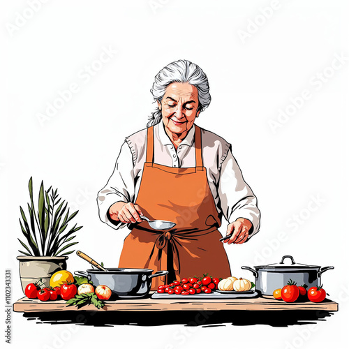Illustration of a woman cooking in kitchen