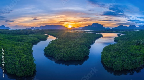 Phang Nga Bay Panoramic Aerial View: Thailand Seascape Landmark at Sunrise