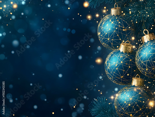 Festive Christmas New Year background with fir tree, decorations and gifts. Neural network AI generated art