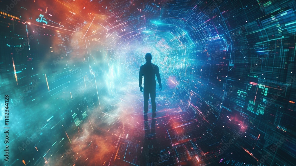 A silhouette steps into a futuristic neon tunnel filled with glowing data lines, symbolizing transition, exploration, and the embrace of advanced virtual worlds. AI generated. A silhouette steps into a futuristic neon tunnel filled with glowing data lines, symbolizing transition, exploration, and the embrace of advanced virtual worlds. AI generated.
