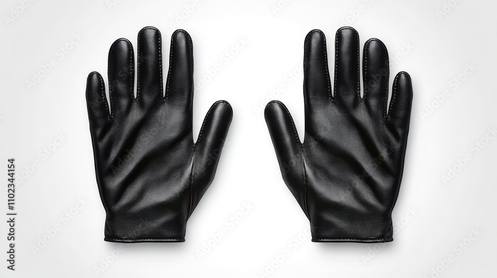 Obraz premium Black Leather Gloves Flat Lay on a Light Background, Ideal for Fashion Photography, Accessories, or Conceptual Art Symbolizing Protection and Style
