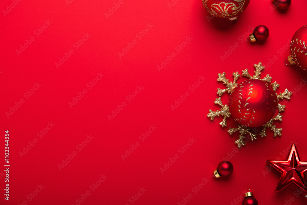 Merry Christmas and Happy Holidays greeting card, frame, banner. New Year. Red and golden Christmas decoration on red background top view. Winter xmas holiday festive celebration theme.
Merry Christmas and Happy Holidays greeting card, frame, banner. New Year. Red and golden Christmas decoration on red background top view. Winter xmas holiday festive celebration theme.