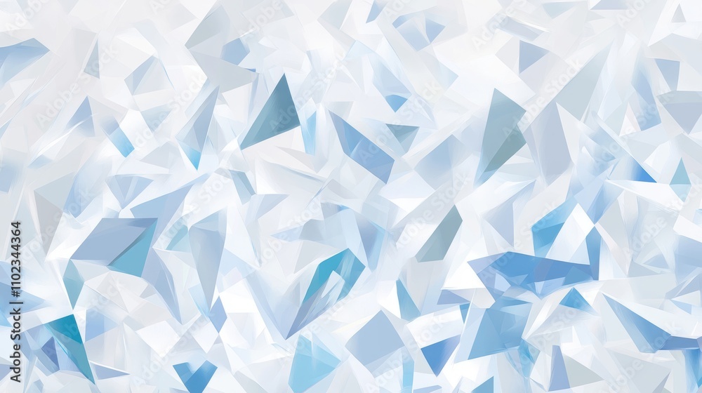 Abstract composition featuring shattered crystal fragments with sharp, angular edges in icy tones of blue, silver, and white. Reflective surfaces and soft glows evoke a futuristic aesthetic.