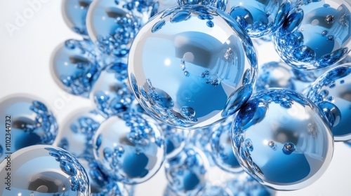 High-Resolution Blue Water Droplets Floating in Air Representing Purity and Freshness with Bubbles and Light Reflections in a Soft Abstract Background