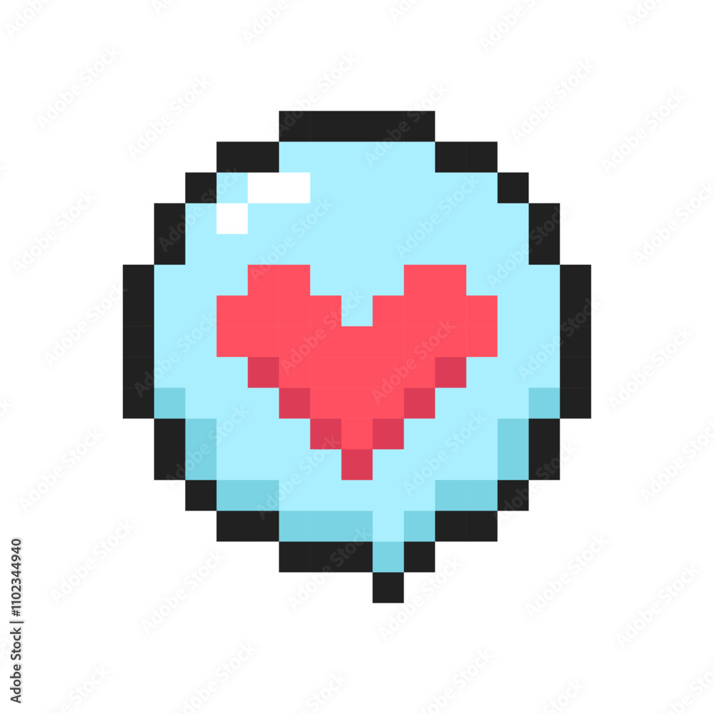Speech bubble with red heart 8-bit icon, Speech bubble pixel art item. Speech bubble with red heart 8-bit icon, Speech bubble pixel art item.