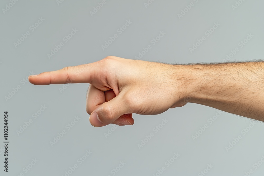 Side view of a hand pointing forward on a plain gray background Side view of a hand pointing forward on a plain gray background