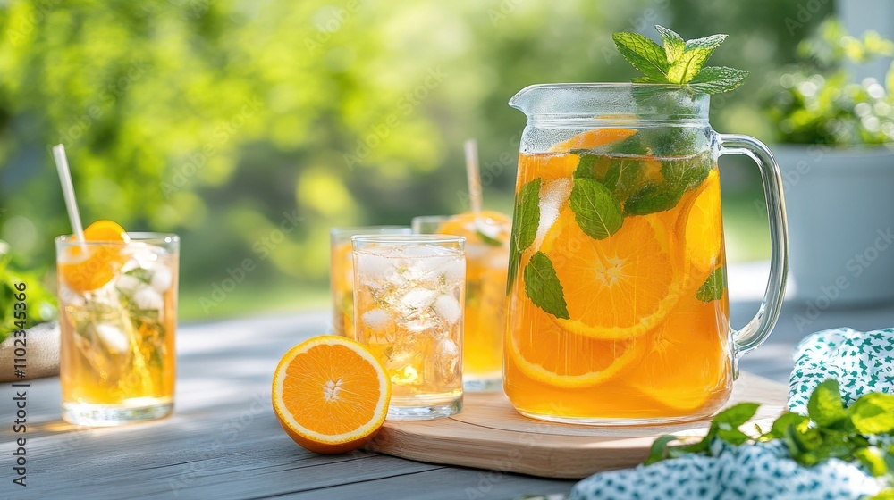Refreshing Citrus Beverage with Mint Leaves in a Glass Pitcher Surrounded by Ice Cubes and Slices of Orange in a Bright Outdoor Setting Refreshing Citrus Beverage with Mint Leaves in a Glass Pitcher Surrounded by Ice Cubes and Slices of Orange in a Bright Outdoor Setting