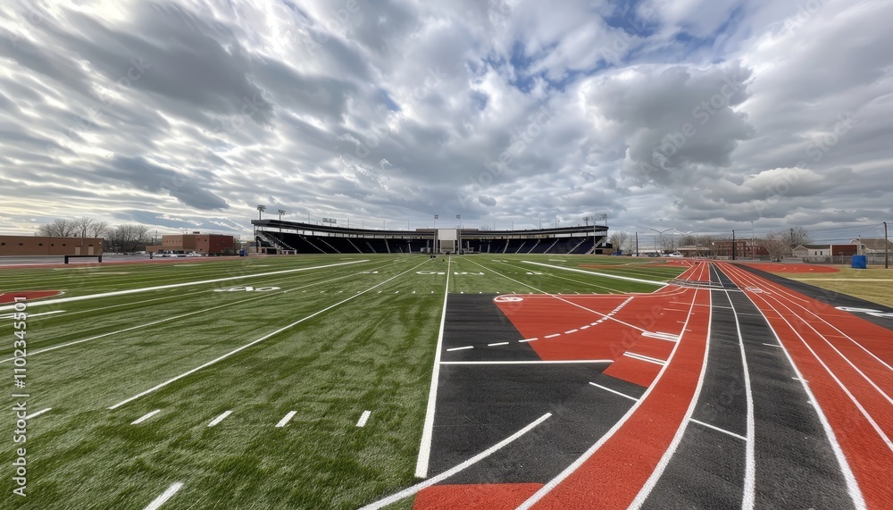 Fototapeta premium High school sports field featuring bleachers, running track, green grass, and cloudy sky above