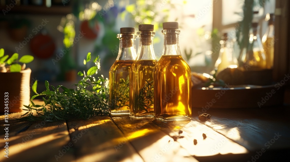Bottles of olive oil surrounded by fresh herbs in a sunny kitchen setting