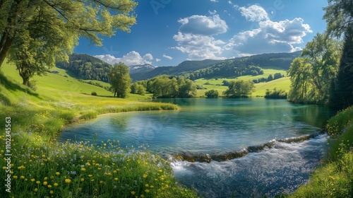 Obraz na płótnie Discover the stunning Areuse River in Neuenburger Jura, with lush hills and tranquil, clear waters. w salonie