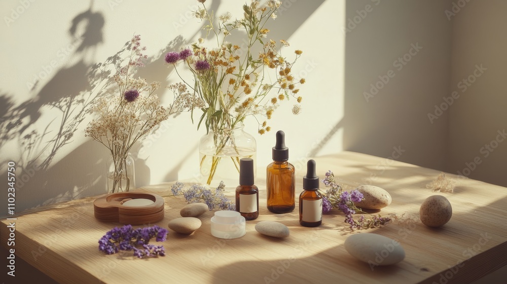 Natural beauty products on a wooden table with flowers and stones in soft sunlight, creating a serene and calming atmosphere. Natural beauty products on a wooden table with flowers and stones in soft sunlight, creating a serene and calming atmosphere.