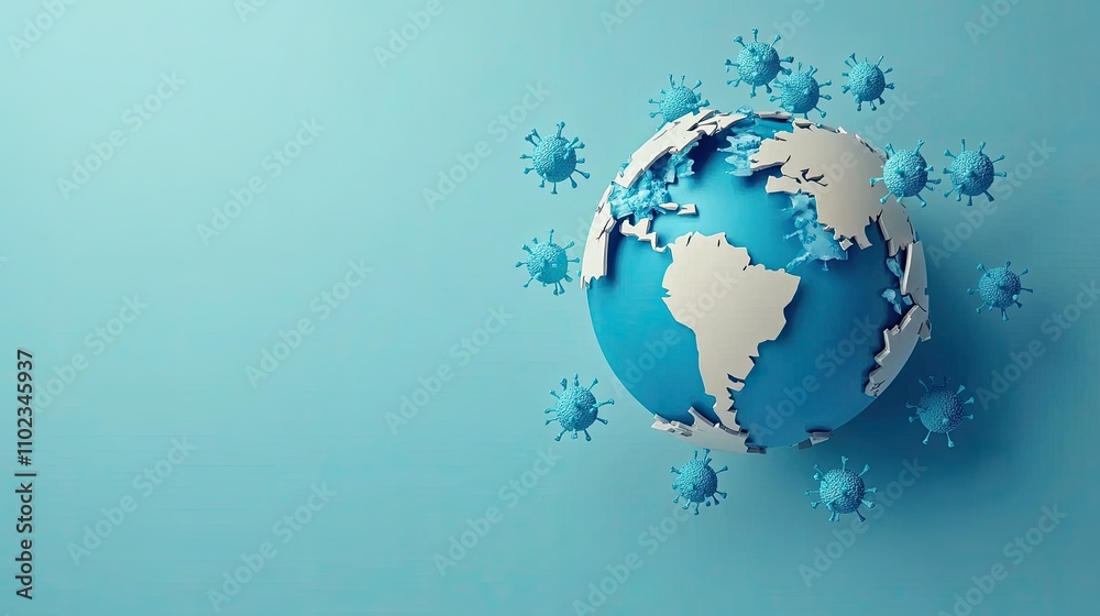 Naklejka premium 3D Render of a Globe Surrounded by Colorful Virus Particles Representing Global Health Issues and Challenges in an Ever-Changing World Landscape