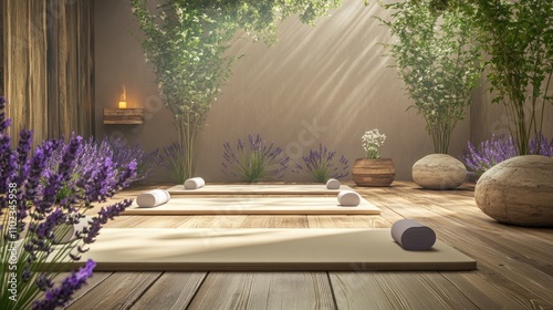 A calm yoga space with soft mats on natural wooden floors