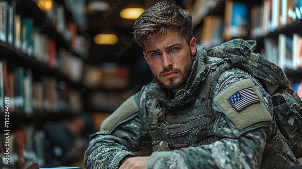 Fototapeta premium Veteran preparing for an important job interview in a quiet library setting