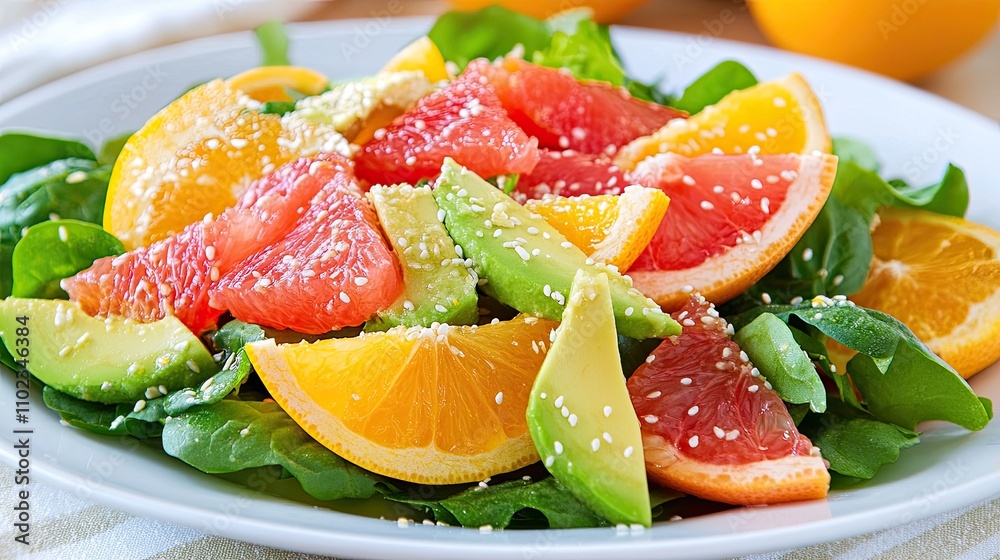Refreshing Citrus and Avocado Salad with Vibrant Greens, Topped with a Sprinkle of Sesame Seeds for a Nutritious and Colorful Meal Option Refreshing Citrus and Avocado Salad with Vibrant Greens, Topped with a Sprinkle of Sesame Seeds for a Nutritious and Colorful Meal Option