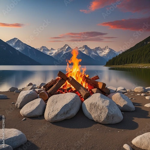 Lagerfeuer in den Bergen . Generative AI Technologie