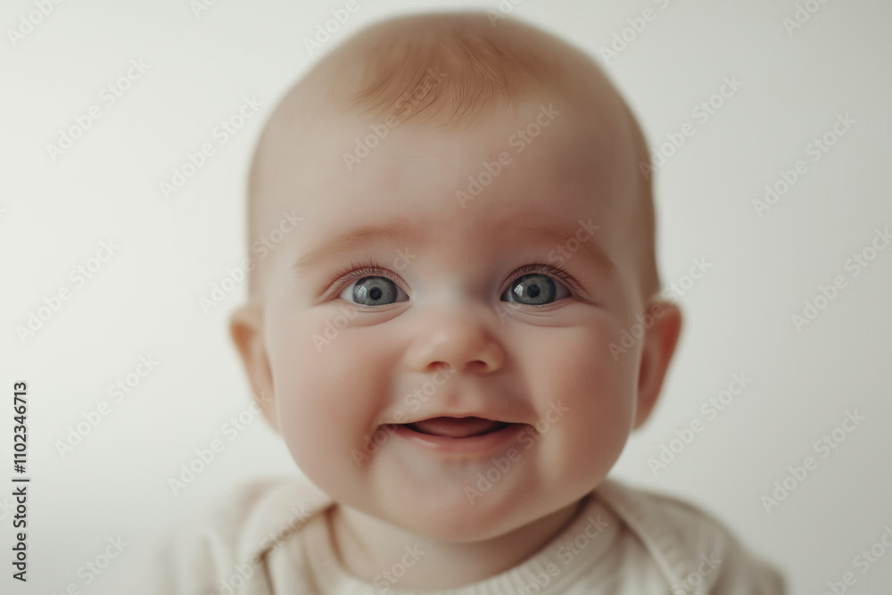 A close-up portrait of a baby with chubby cheeks and a wide, toothless grin, looking directly at the camera A close-up portrait of a baby with chubby cheeks and a wide, toothless grin, looking directly at the camera