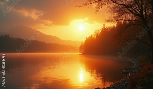 sun sets slowly calm lake jesus christ observes serene surroundings quietly