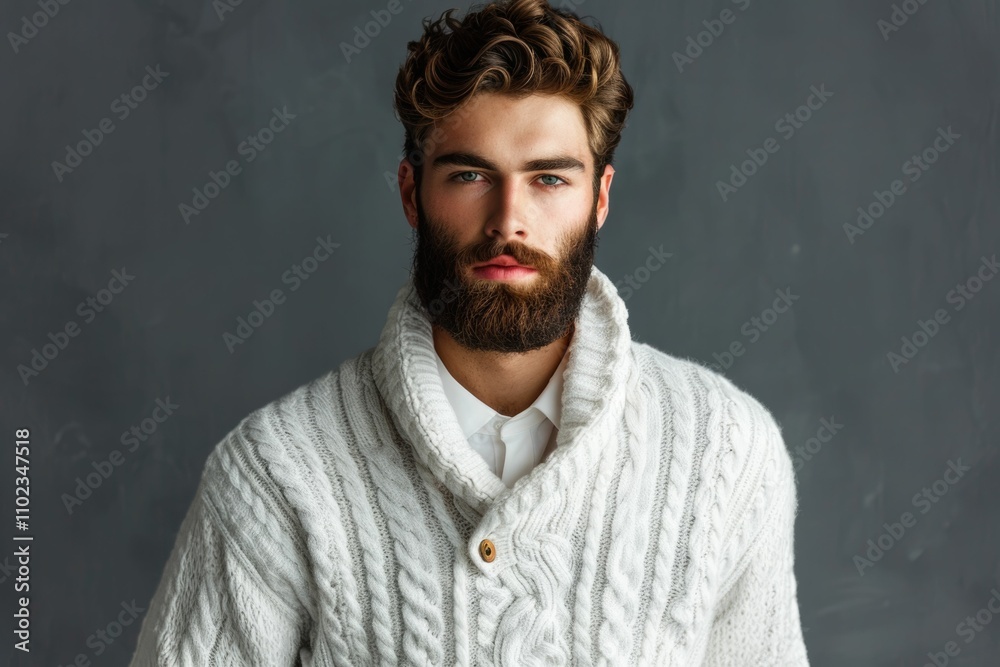 A charismatic man with a beard is posing in a white sweater against a grey studio background. A charismatic man with a beard is posing in a white sweater against a grey studio background.